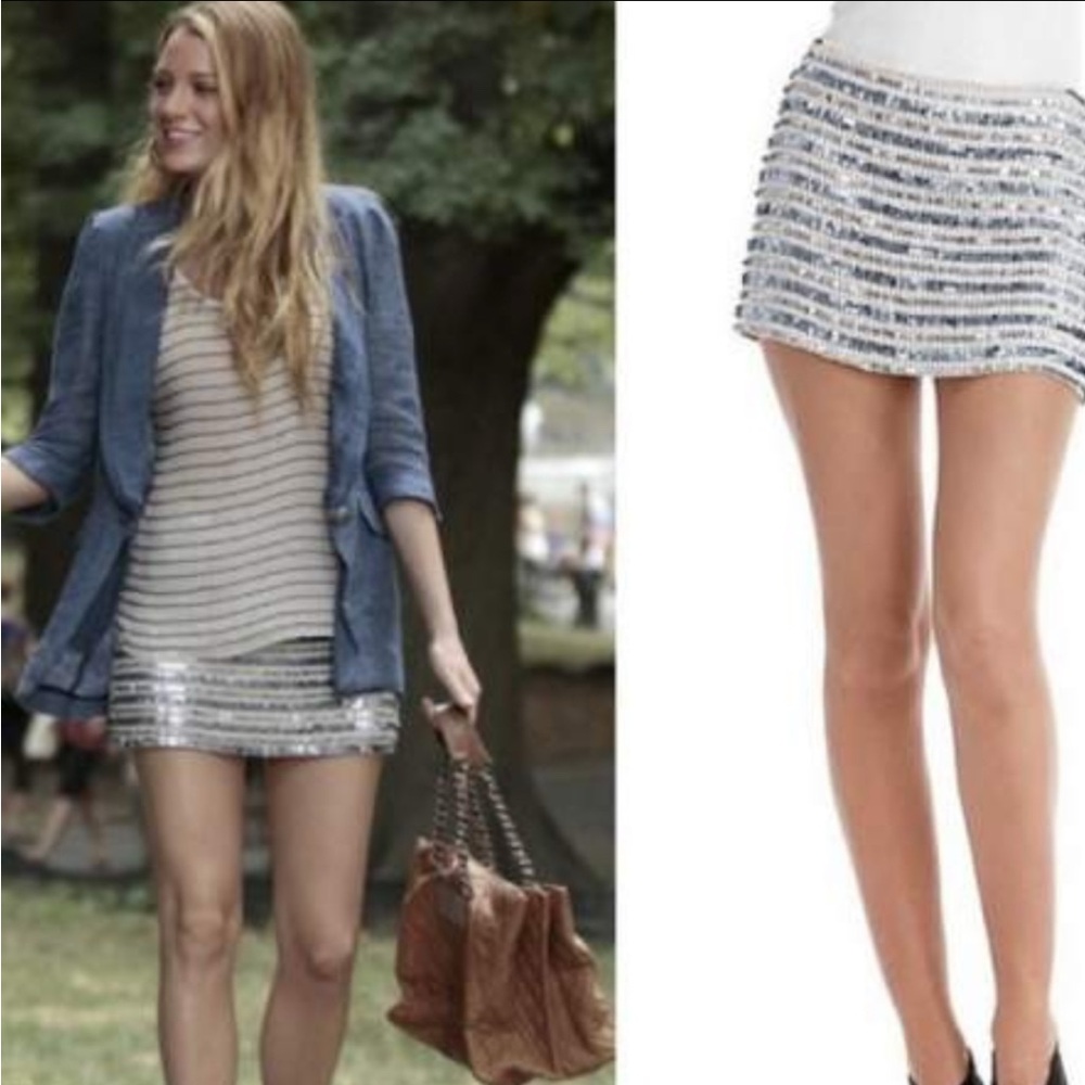 Gossip girl gryphon Blue and White Striped Sequin Skirt